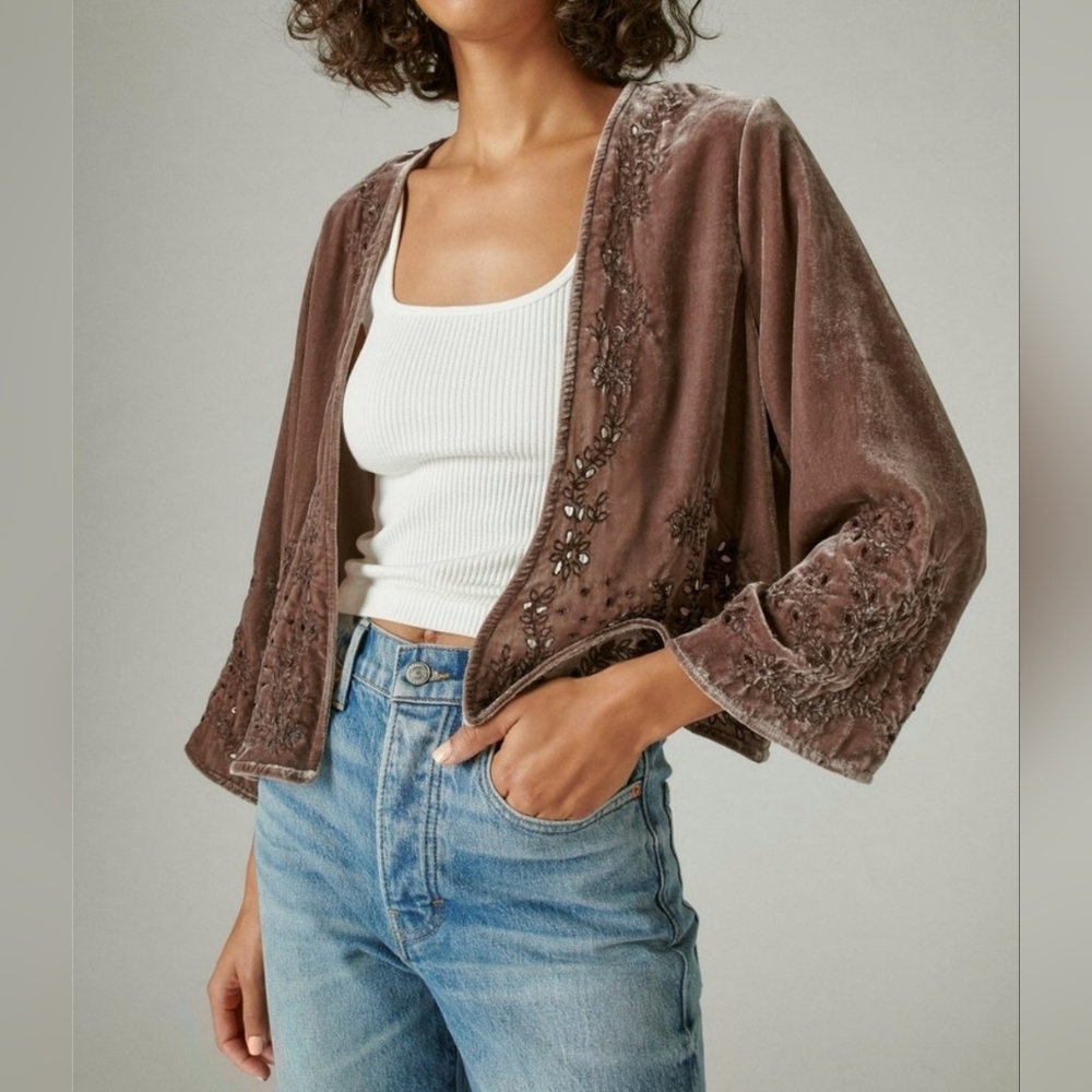 Lucky Brand Crushed Velvet Open Front Jacket